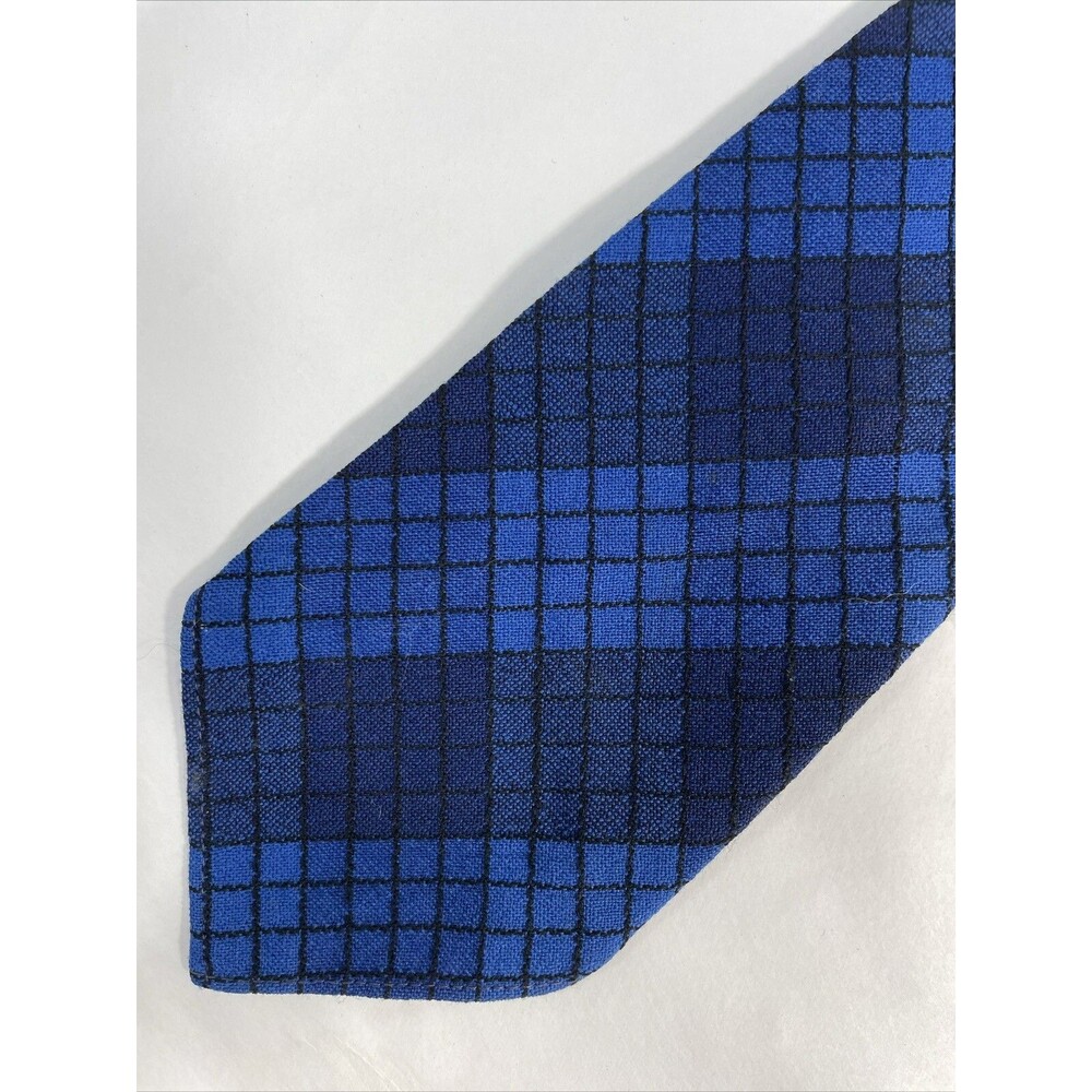 Beau Brummel Aisle of Man 4 Fold Sportown Wool Tie Blue Checked 3.5" x  48" Vtg